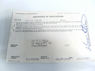 Certificate, National Service Reg Office, 20/07/1970 12:00:00 AM