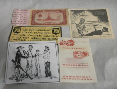 Document, Five examples of Propaganda which was given out by US Military in Vietnam. All examples are in Vietnamese language. Some with Cartoon pictures