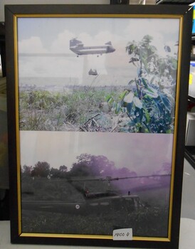Two Coloured Photographs of Helicopters in a Black and Gold Frame