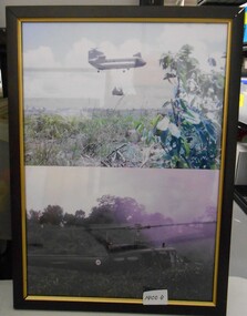 Two Coloured Photographs of Helicopters in a Black and Gold Frame