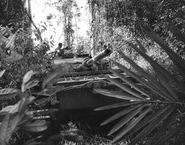 A photograph of a Centurian tank of 1st Armoured Regt in close country. Tanks were highly vulnerable being unable to quickly rotate their turrets