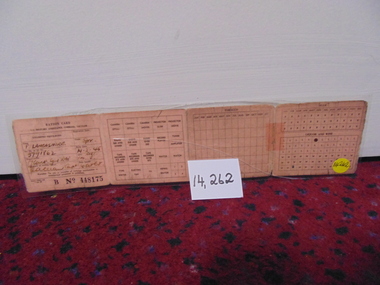 Small folded pink in colour ration card.