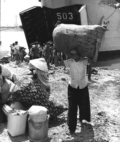 A photograph at Vung Tau, Vietnamese refugees from Cambodia being unloaded from a landing craft. 