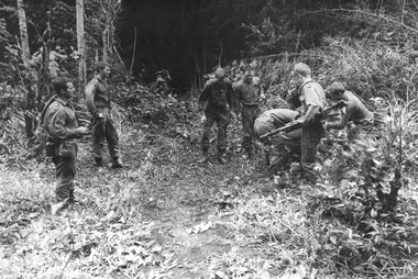 Diggers from 1 Platoon A Coy 8 RAR on Operation Atherton west of Nui Dat winch a wounded mate out of thick jungle. 