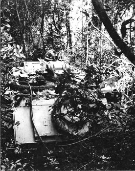 A black and white photograph of an APC of A Sqn, 3rd Cavalry Regt in close country northwest of Nui Dat 