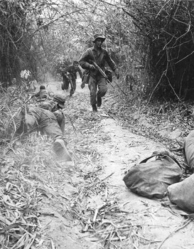 A photograph of TAOR Patrol, Long Binh, Operation Federal, 7 platoon, C Coy 4 RAR/NZ. Diggers cover each other.