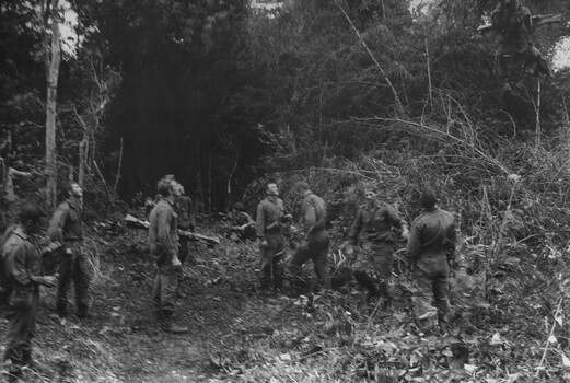 A photograph of diggers from 1 Platoon, A Company, 8 RAR on Operation Atherton, N.W. of the Australian Task Force Base at Nui Dat. 