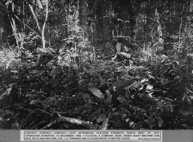 A photograph of Platoon strength, N.W. of 1ATF 'Operation Atherton'  1 Platoon, A Comp 8 RAR diggers under heavy fire.