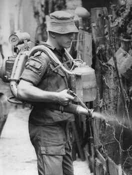 A photograph of Lt Phil Hills, Officer Commanding 1st Australian Field Hygiene Unit mist spraying a section of Long Dien Village, during an outbreak of Dengue Fever