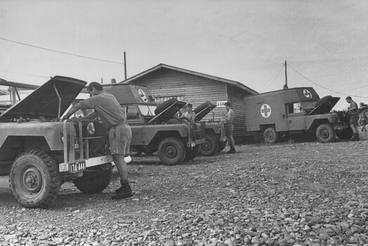 A photograph at the 1st Australian Field Hospital, Diggers were responsible for transport and carry out daily maintenance on the fleet of hospital ambulances. 