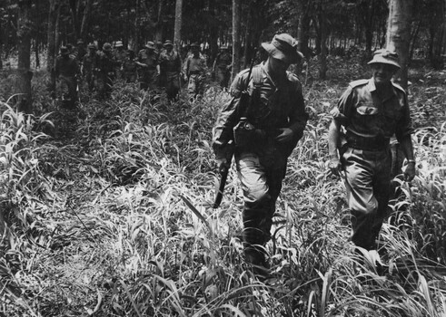 At Long Tan, the Commander, of 1st Australian Task Force, Brig C.M.I Sandy Pearson MC, is shown over the 1966 Long Tan battle field. 