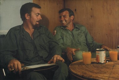 Denis Gibbons interviews Cpl Normie Rowe of B Squadron, 3rd Cavalry Regiment, in the Press Centre Studio at 1st Australian Task Force Headquarters.