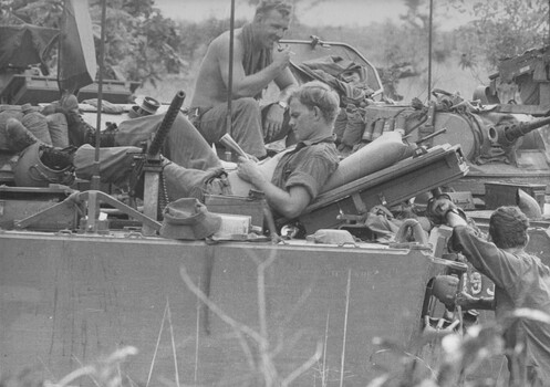 A quiet time for the cavalry, here stopped in relatively open country, giving the crews time to catch up on their reading. 