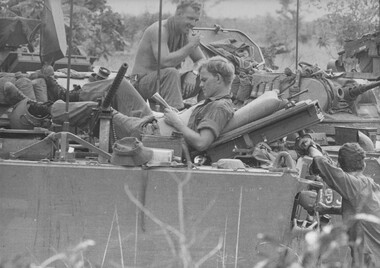 A quiet time for the cavalry, here stopped in relatively open country, giving the crews time to catch up on their reading. 