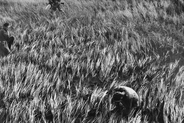 Diggers cover their face and turn their bodies away from the "rotor wash" as a helicopter delivers supplies into the field.  