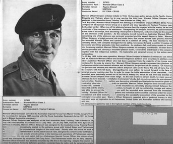 Collage of a photo of WO2 Ray Simpson and his citations for award of the Victoria Cross and Distinguished Conduct Medal