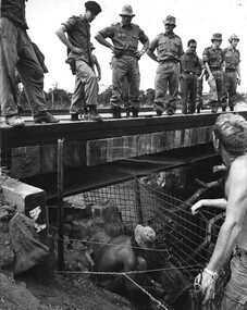 1st ATF Commander Brigadier Stewart Weir MC, inspects a bridge built by 17 Construction Squadron over a creek northwest of the province capital Baria. 