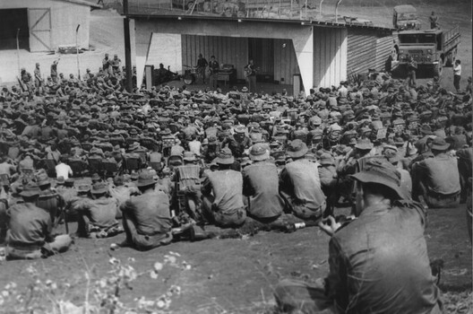 Musicians with the Official Mar-Apr 69 West Australian Concert Party warm up the Diggers at 1st Australian Task Force Base at the Luscombe Bowl.