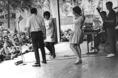 Comedian, comedienne, musicians and back-up singers  of the official Mar-Apr 69 West Australian Concert Party at 1st Australian Task Force Base.