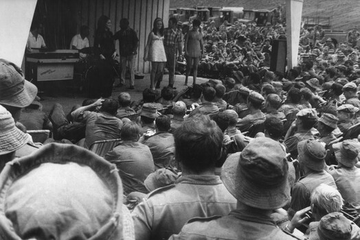 Musicians and artists with the Official Apr-May 70 Sydney Concert Party thank the diggers after their afternoon show at 1 ATF Base Luscombe Bowl