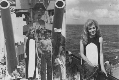 On the U.S. Battleship USS New Jersey in the Tonkin Gulf, Penny Plumber (Australia's Miss World) entertained sailors on board the battleship Dec 68