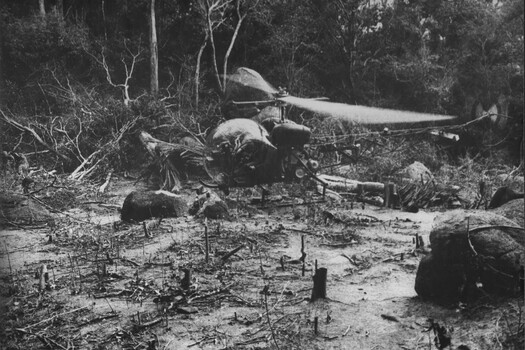 A helicopter from 161 (Indep) Recce Flight hovers into a clearing to land  Lt Col David Butler on the Nui May Tao Mountain. 