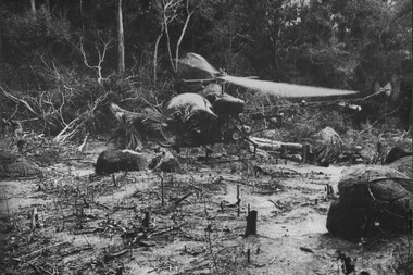 A helicopter from 161 (Indep) Recce Flight hovers into a clearing to land  Lt Col David Butler on the Nui May Tao Mountain. 