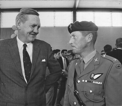 A photograph taken in Townsville, 18/08/1968 of Major Harry Smith MC and the Prime Minister of Australia The Right Honourable J G Gorton MP.