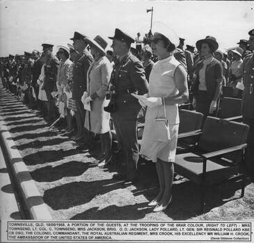 A photograph taken in Townsville o the18/08/1968. with some of the guests at Trooping the 6 RAR Colour. 