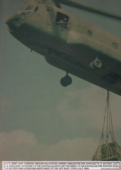 A photograph of A US Army CH47 Chinook carries ammunition and supplies to A Battery 2/35th US Artillery, attached to the Australian Artillery Regiment. 