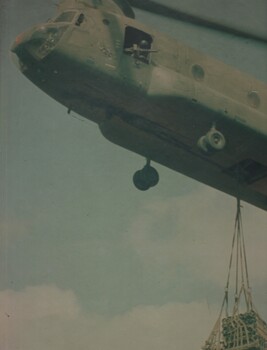 A photograph of A US Army CH47 Chinook carries ammunition and supplies to A Battery 2/35th US Artillery, attached to the Australian Artillery Regiment. 