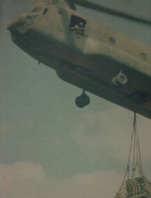A photograph of A US Army CH47 Chinook carries ammunition and supplies to A Battery 2/35th US Artillery, attached to the Australian Artillery Regiment. 