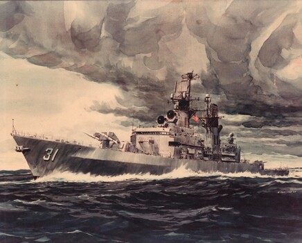 A photograph of an artists impression by Lt Com E Ramstead of the American Search and Rescue (SAR) ship USS Starret.