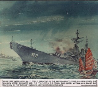 A photograph of an artists impression by Lt Com E Ramstead of the US Battleship USS New Jersey. 