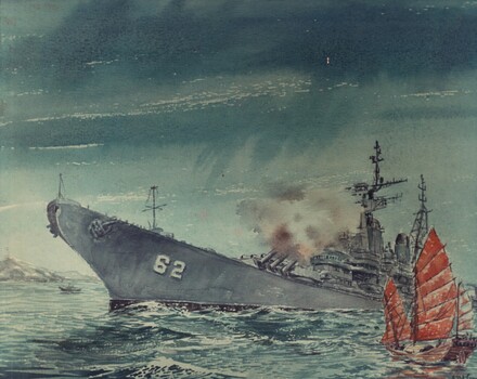 A photograph of an artists impression by Lt Com E Ramstead of the US Battleship USS New Jersey. 