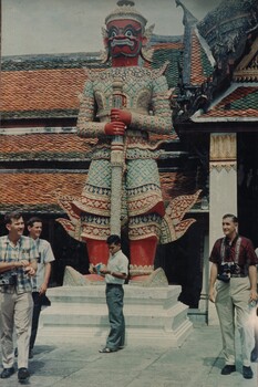 A coloured photograph of Diggers from 1st Australian Task Force Base, Nui Dat, Phuoc Tuy Province, South Vietnam enjoy a visit to a Budhist Temple.