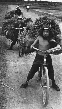 A photograph of Children from a small hamlet outside Baria, Phuoc Tuy Province, return home after collecting grass to thatch their homes.