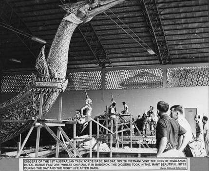 A photograph of Diggers from 1st Australian Task Force Base,  visit the King of Thailand's Royal Barge Factory whilst on  R&R in Bangkok. 