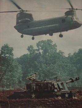 A photograph of a US Army CH47 Chinook helicopter carries ammunition and supplies to A Battery 2/35th US Artillery attached to the Australian Artillery Regiment.
