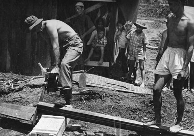 A Digger from 1st Australian Civil Affairs Unit stationed at 1st ATF Base assisted by a villager cuts timber for a house. 