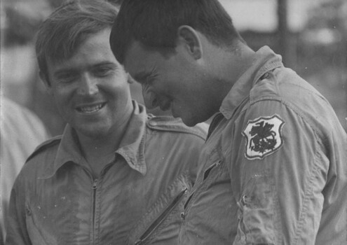 Trooper Normie Rowe meets the trooper he is to replace upon his arrival at 1st Australian Task Force Base, Nui Dat, Phuoc Tuy Province.