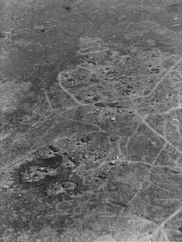 A photograph of an oblique aerial view of the Australian Fire Support Base Harrison, Operation Pinnaroo. 