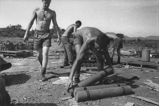 A photograph of Gunners of 1st Field Regiment, RAA, at the 1ATF Base, Nui Dat, Phuoc Tuy Province. 