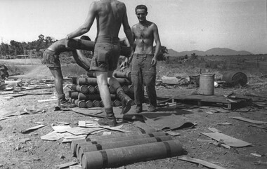 A photograph of Gunners of 1st Field Regiment, RAA, at the 1ATF Base, Nui Dat, Phuoc Tuy Province. 