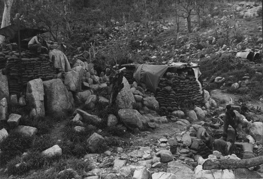 A black and white photograph of fortifications and a lookout post at the 'Horseshoe Feature' . 