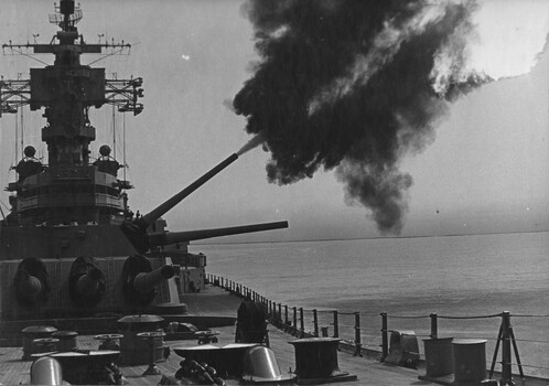 A photograph of the American 7th Fleet Battleship, the USS New Jersey operating on the "Gunline", Tonkin Gulf, North Vietnam. 