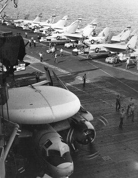 A photograph on board the American Aircraft Carrier, USS Kitty Hawk, attached to the 7th Fleet operating in the Tonkin Gulf, North Vietnam.