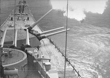 A photograph of the American 7th Fleet battleship, the USS New Jersey, operating on the Gunline, Tonkin Gulf, North Vietnam during 'Operation Sea Dragon'. 