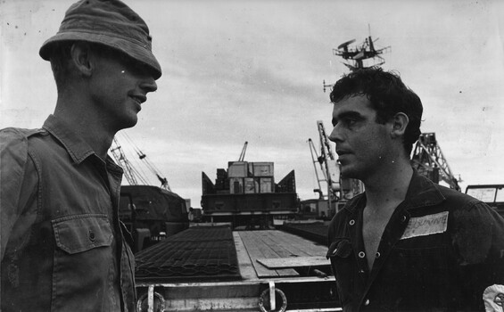 Two of the three Dunne brothers, one in the RAN and one in the Army meet on the deck of the Vung Tau Ferry. 