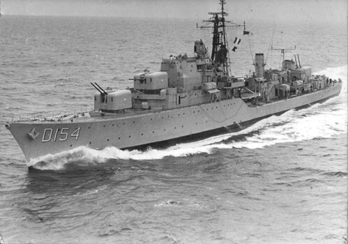 A photograph of the D154, a Darling Class destroyer called Duchess built for the Royal Navy and loaned to the Royal Australian Navy. 